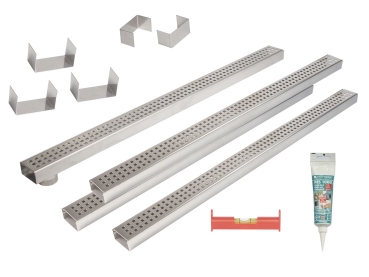 4er Rinnenset (Poolrinnen) V4A superflach mit 1 Rinne mit Stutzen,3 Rinnen geschlossen,2 Endstücke,3 Verbinder,1 Dichtmittel,1 Schnurwasserw.